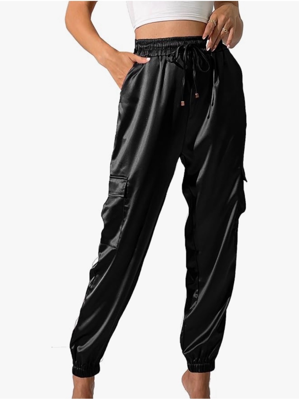 Black Satin Cargo Joggers for Women - Lightweight Drawstring Pants